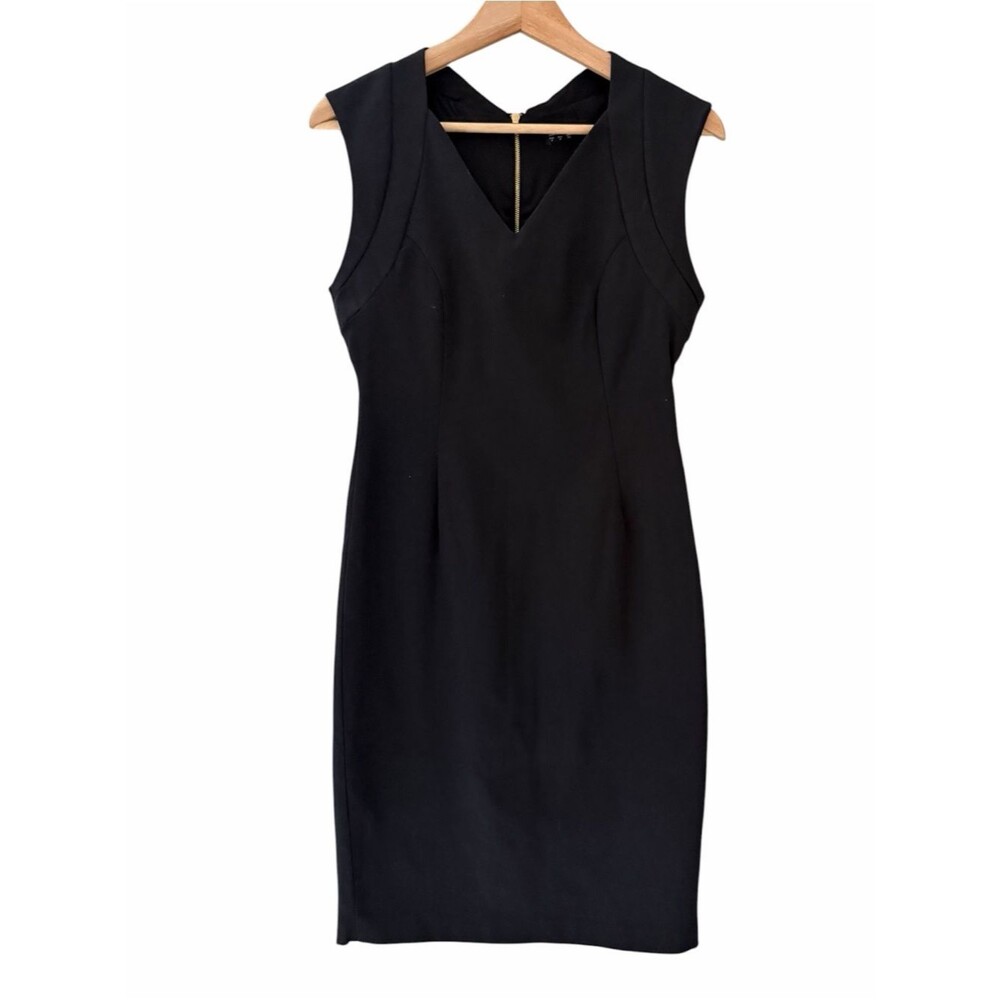 Zara Women Black Sleeveless Pleated V Neck Sheath Dress Zipper Size M Career